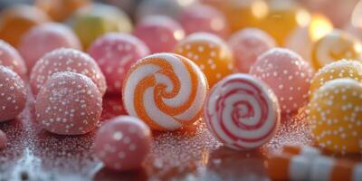 Colorful assortment of candy on a reflective surface perfect for a sweet treat display photo