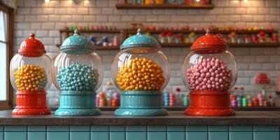 Colorful gumball machines displayed in a vintage-style candy shop attract customers of all ages photo