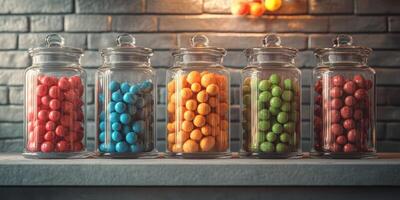 Colorful candy jars arranged on a shelf in a dimly lit shop showcasing a variety of sweets photo