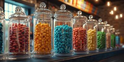 Colorful display of candy jars in a quaint shop during daytime photo