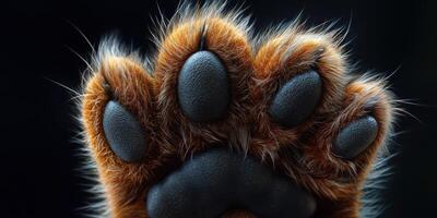 Close-up view of a dog's paw resting against a dark surface in a subtle, textured composition showcasing detail and fluffiness photo
