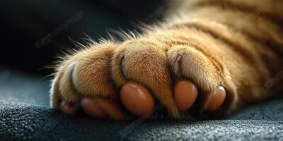 Close-up view of a tiger's paw resting on a soft surface in a calm indoor environment photo