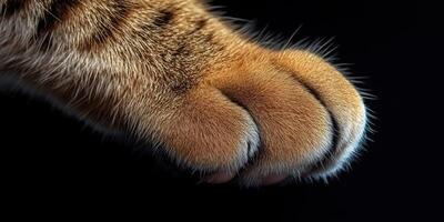 Detailed view of a tiger's paw showcasing its pads and claws against a dark background photo