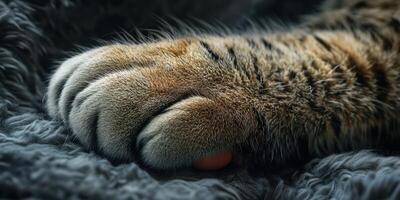 Tigers paw resting on soft surface in a relaxed moment, showcasing intricate fur patterns and strength photo