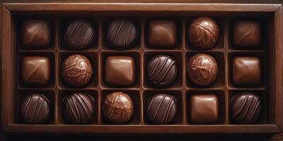 Luxurious assortment of handcrafted chocolates displayed in a wooden box photo