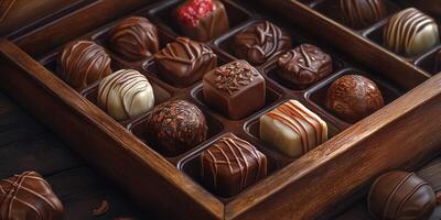Assorted gourmet chocolates in an elegant wooden box displayed on a rustic wooden table photo