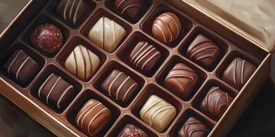 Variety of gourmet chocolates displayed in an elegant box arranged with care and detail at a cozy setting photo