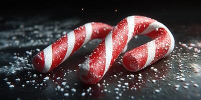 Candy canes are arranged on a dark surface with powdered sugar sprinkled around during the holiday season photo