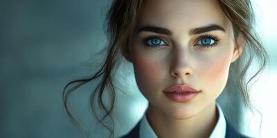Close-up portrait of a young woman with striking blue eyes and natural makeup in an elegant suit, captured in soft lighting photo