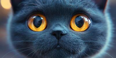 Close-up view of a curious gray cat with striking orange eyes in natural outdoor light photo