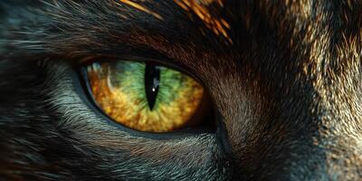 Close-up of a mesmerizing cat's eye revealing vibrant green and golden hues during a sunny afternoon photo