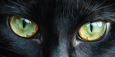 Captivating close-up of a black cat with striking green eyes highlights unique details of fur and gaze during quiet afternoon photo