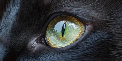 Close-up of a striking black cat's eye revealing vibrant green and golden tones in a serene setting photo