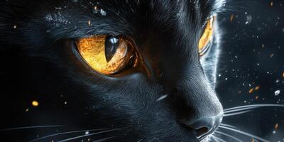 Majestic black cat with striking orange eyes gazing intently into the distance photo