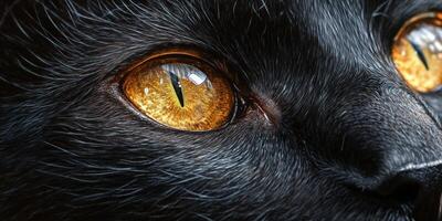 Close-up view of a black cat with striking golden eyes in soft lighting photo