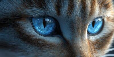 Striking close-up of a cat's mesmerizing blue eyes with detailed fur pattern under soft lighting photo