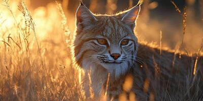 Lynx walking through tall grass at golden hour in a natural habitat surrounded by warm sunlight photo
