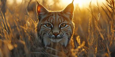 Lynx basking in the golden light of sunset while surrounded by tall grass in a natural habitat photo