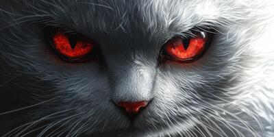 Mysterious white cat with striking red eyes stares intensely in a dark environment photo