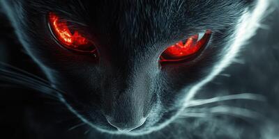 Mysterious black cat with glowing red eyes in a dark setting evokes an eerie atmosphere at night photo
