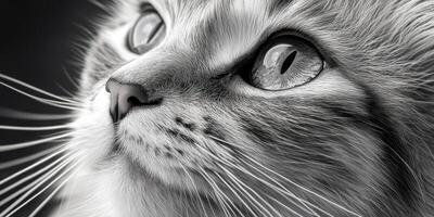 Close-up view of a fluffy cat gazing upwards in black and white lighting photo