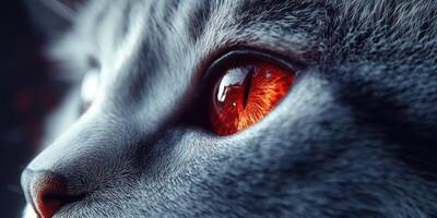 Gray cat with striking orange eyes gazing intently into the distance during twilight hours photo