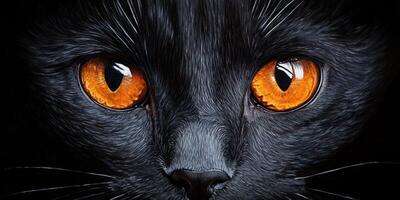 Elegant black cat with striking orange eyes gazes intensely, showcasing profound expression and detail photo