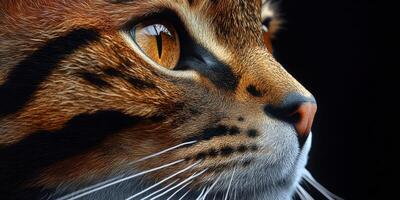 Close-up of a domestic cat with striking fur pattern and vivid eyes against a dark background during the evening photo