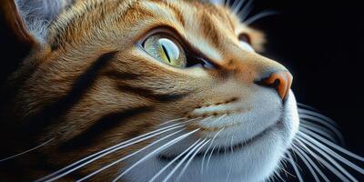 Close-up of a light brown tiger with vivid eyes gazing upward against a dark background showcasing its features in detail photo