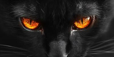 Black cat with striking orange eyes gazes intently on a dark background in this close-up shot photo