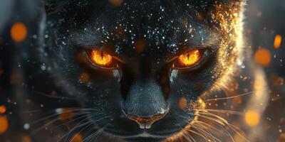 Mystical black cat gazes intensely with fiery orange eyes in a captivating display of light and shadows photo