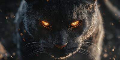 Majestic black cat with glowing amber eyes staring intensely during twilight photo