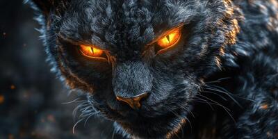 Majestic black cat with glowing orange eyes stares intently under a dark, mystical atmosphere photo