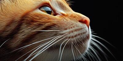 Close-up of a cat's face highlighting its striking orange fur and expressive eyes under soft lighting photo