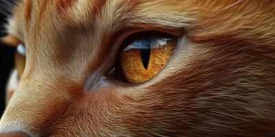 Close-up of a cat's eye showcasing vibrant amber color and intricate details in a natural light setting photo