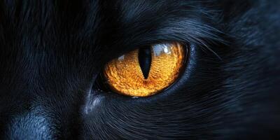 Close-up view of a black cat's striking orange eye showcasing detailed fur texture in a dimly lit setting photo