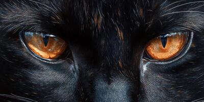 Close-up view of a black cat's striking orange eyes showcasing beautiful fur details and intense gaze photo