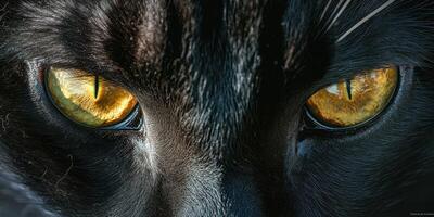 Mysterious black cat with striking golden eyes gazing intently at the viewer in natural light photo