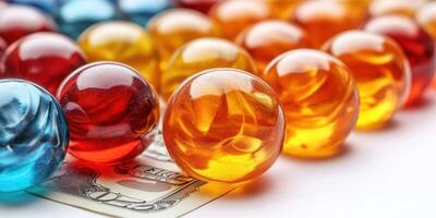 Colorful marbles arranged creatively alongside a one dollar bill on a white surface photo