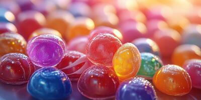 Colorful jelly candies scattered on a surface, reflecting sunlight and creating a vibrant atmosphere photo