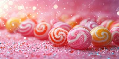 Colorful swirling candies scattered on a vibrant backdrop create a joyful atmosphere during a festive celebration photo