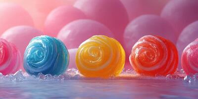 Colorful candy swirls resting on a glossy surface with a dreamy background in a playful setting photo
