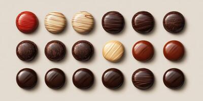 Display of assorted chocolates arranged in neat rows offering a variety of textures and colors photo