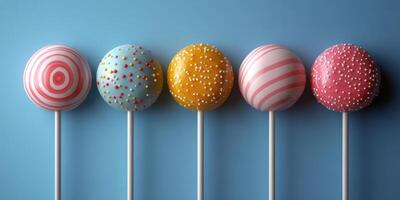 Colorful candy pops displayed against a blue background for a fun and sweet treat experience photo
