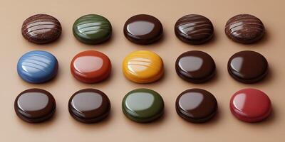 Colorful handmade chocolates arranged in an artistic pattern on a neutral background photo