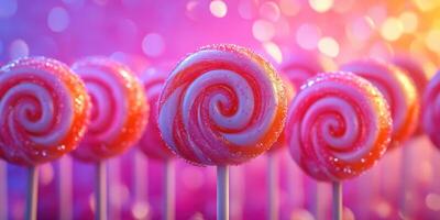 Colorful spiral lollipops arranged beautifully in a vibrant setting with sparkling background lights photo