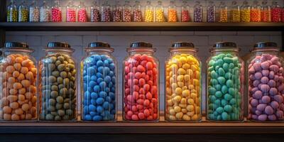 Colorful jars filled with candy display in a vibrant candy shop during the afternoon photo