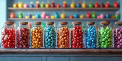 Colorful jars filled with assorted candies on display in a vibrant shop setting photo