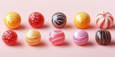 Colorful assortment of candies displayed on a pink background, showcasing various shapes and patterns photo