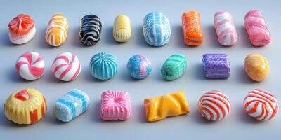 Colorful candy assortment displayed on a light surface showcasing various shapes and textures in a playful arrangement photo